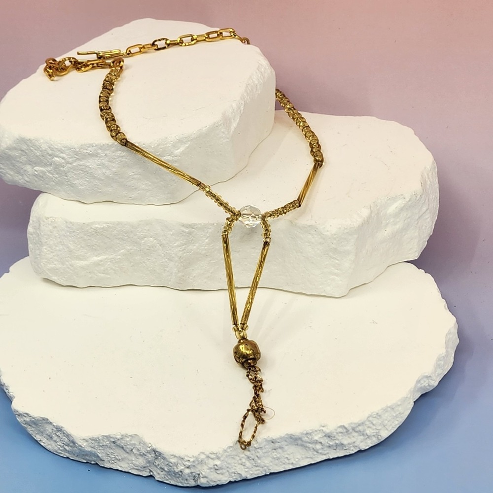 Gold Tone Clear Crystal Beaded Lariat Y Necklace Vintage Boho Statement Gift